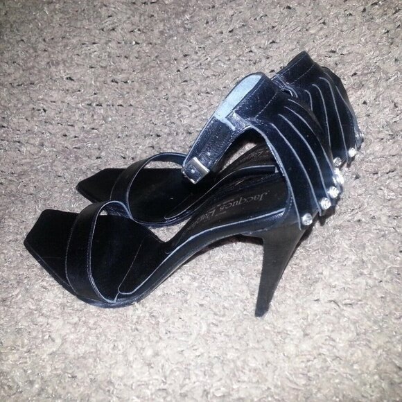 JACQUES RAPHAEL-ITALY-Black Leather Ankle Wrap-Jeweled Kilty Sandals-Sz 37-NEW - Picture 3 of 8